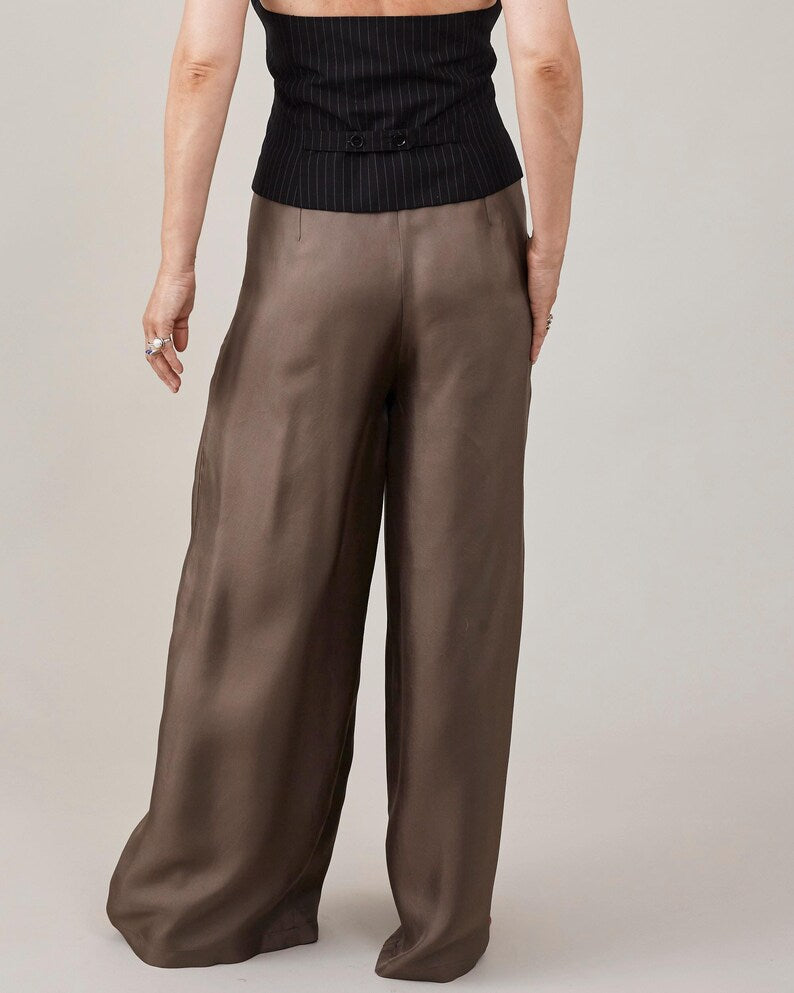 Silk Palazzo Pants Women | Custom High Waist Pants in 100% Silk Twill | Taupe Wide Leg Trousers for Wedding or Office