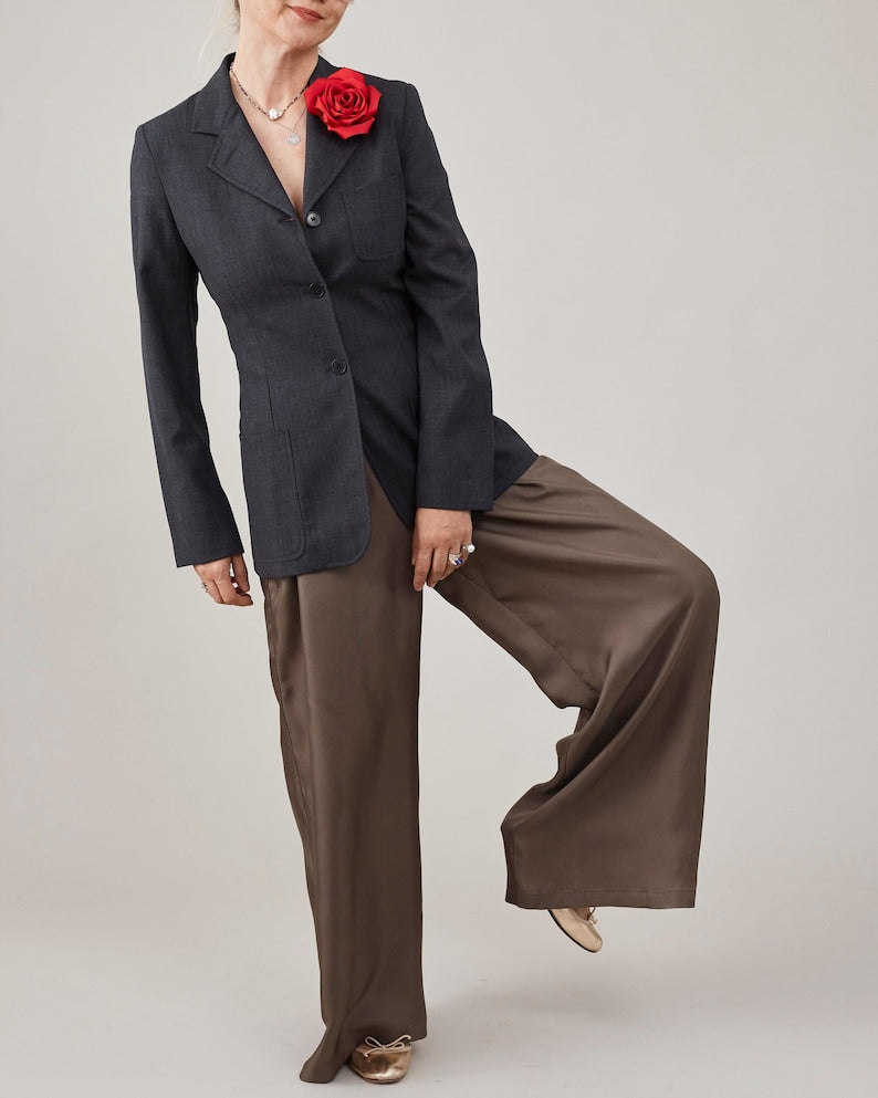 Silk Palazzo Pants Women | Custom High Waist Pants in 100% Silk Twill | Taupe Wide Leg Trousers for Wedding or Office