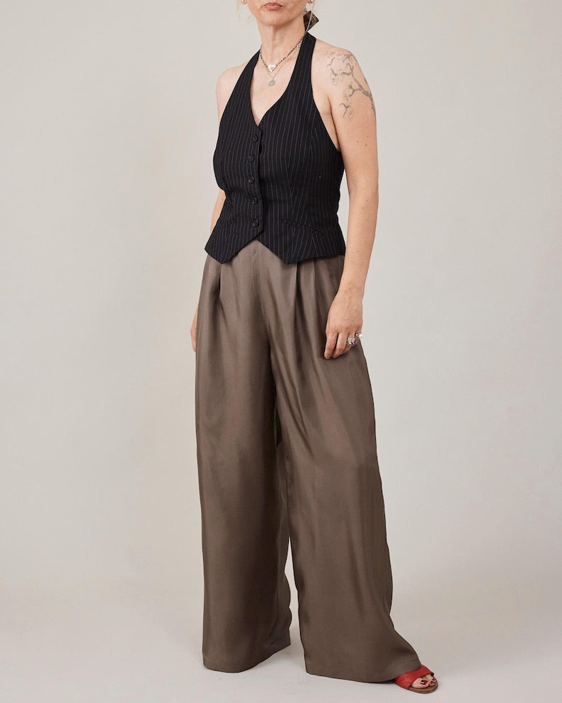 Silk Palazzo Pants Women | Custom High Waist Pants in 100% Silk Twill | Taupe Wide Leg Trousers for Wedding or Office