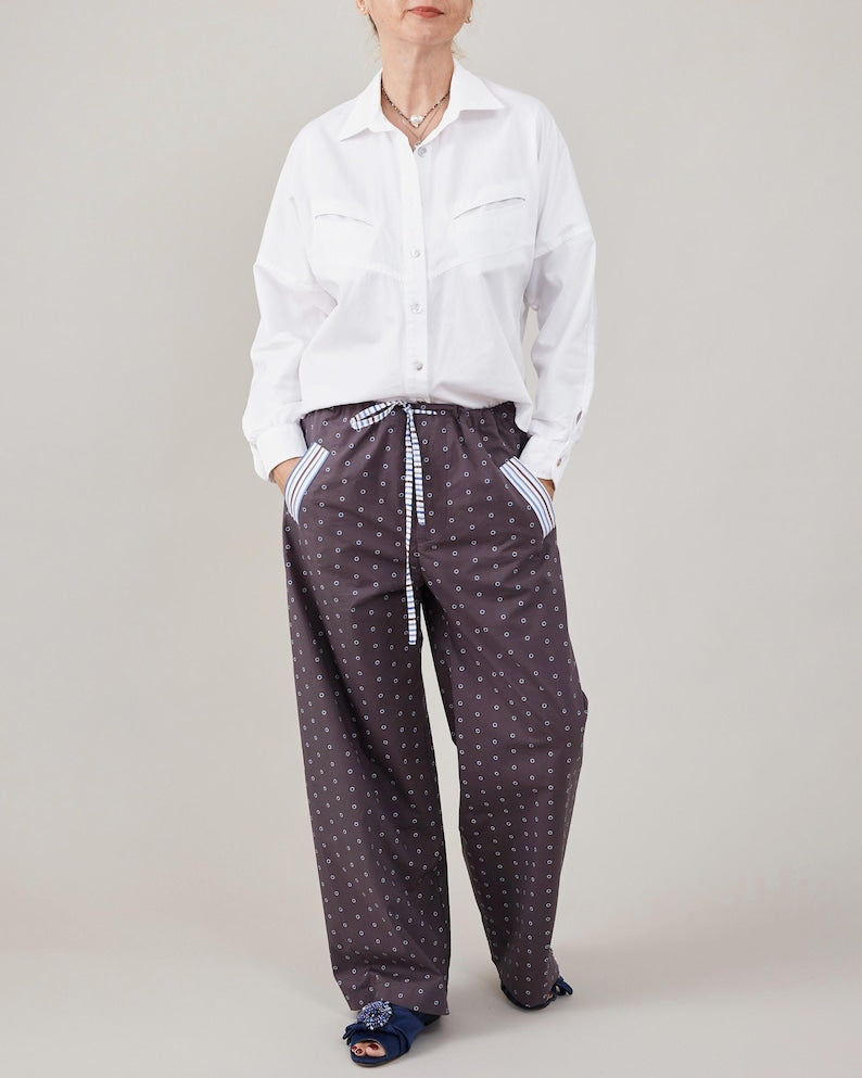 Handmade Poplin Cotton Pants for Summer - Polka Dots PJ Style Pants with Drawstring Waist and Pockets - Chic Easy Wear for Women