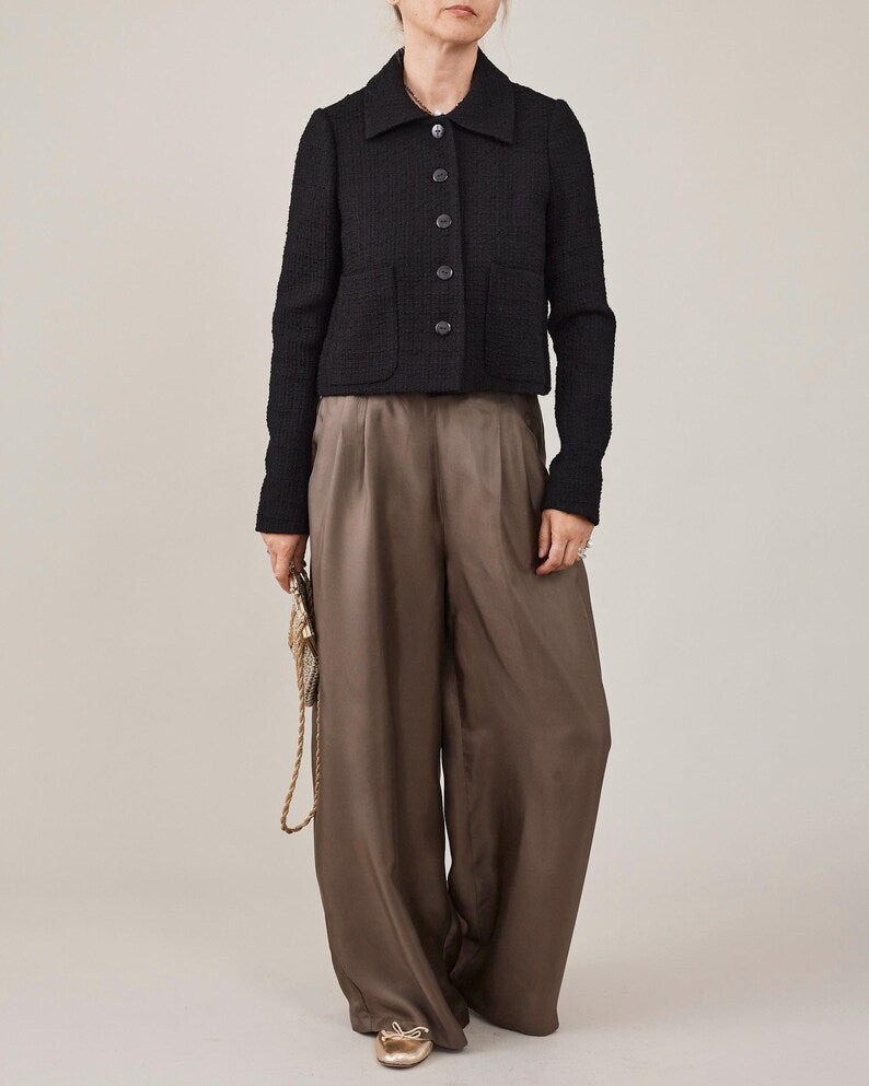 Silk Palazzo Pants Women | Custom High Waist Pants in 100% Silk Twill | Taupe Wide Leg Trousers for Wedding or Office