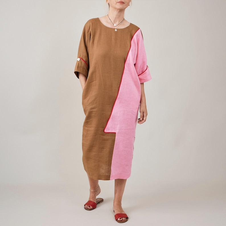 Handmade Linen Dress for Women, Back Button, Two Tone Midi Dress, Relaxed Fit Summer Dress with Pockets, Chic Office Dress