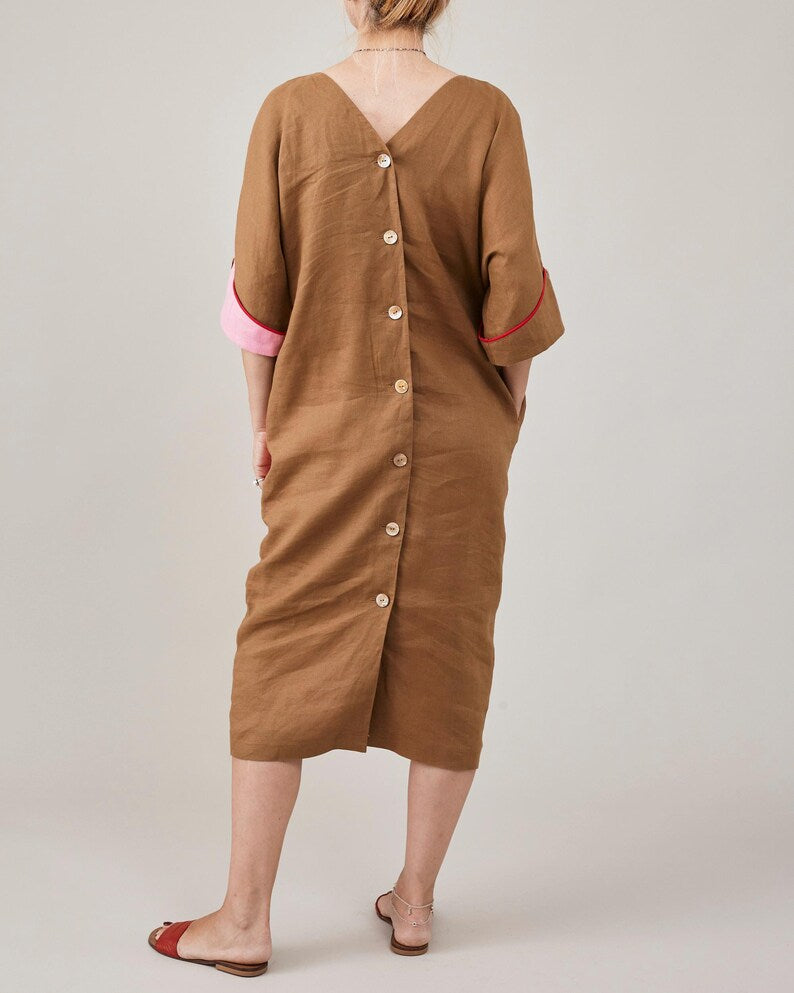 Handmade Linen Dress for Women, Back Button, Two Tone Midi Dress, Relaxed Fit Summer Dress with Pockets, Chic Office Dress