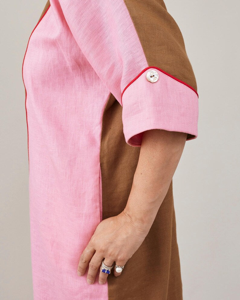 Handmade Linen Dress for Women, Back Button, Two Tone Midi Dress, Relaxed Fit Summer Dress with Pockets, Chic Office Dress
