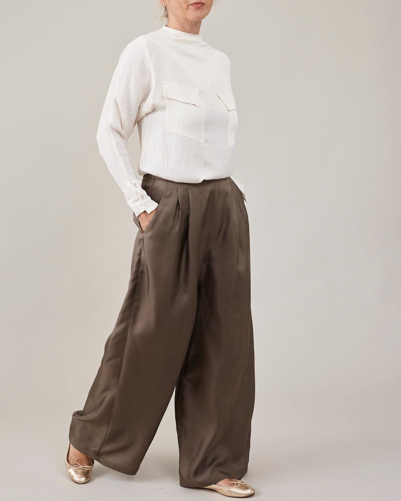 Silk Palazzo Pants Women | Custom High Waist Pants in 100% Silk Twill | Taupe Wide Leg Trousers for Wedding or Office