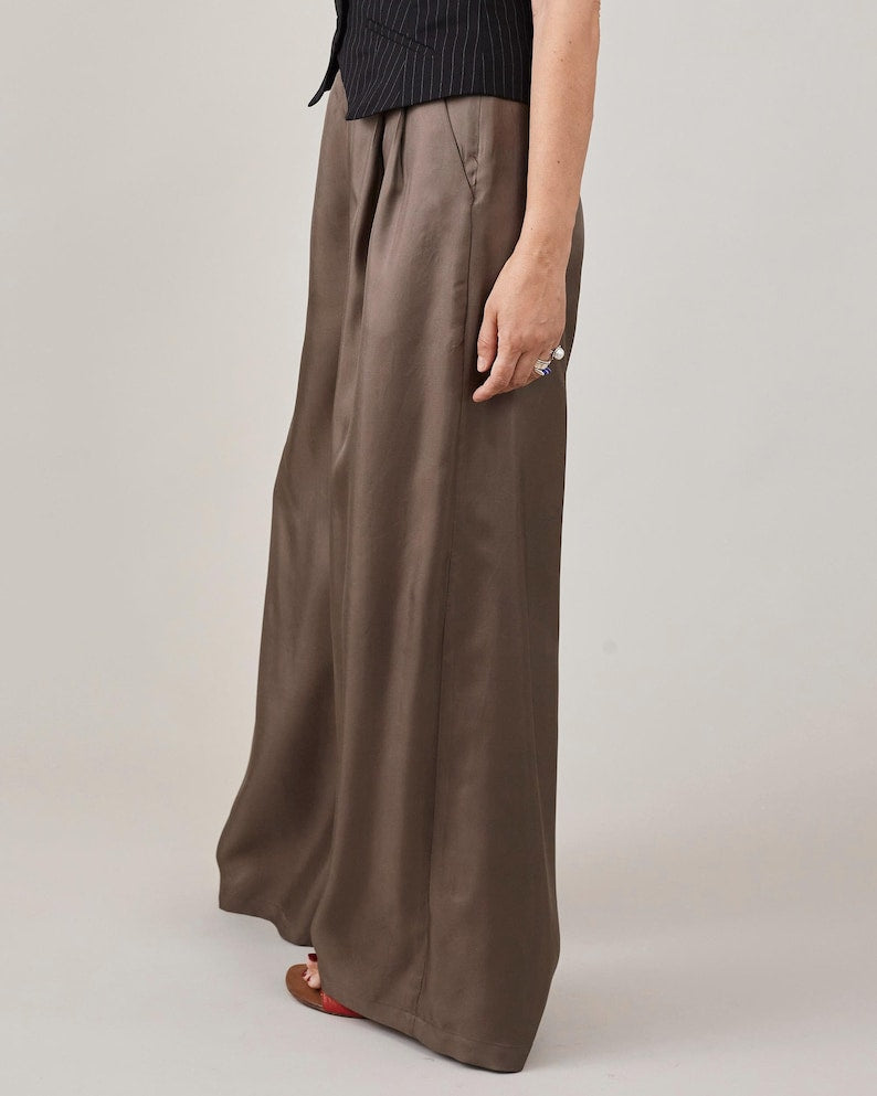 Silk Palazzo Pants Women | Custom High Waist Pants in 100% Silk Twill | Taupe Wide Leg Trousers for Wedding or Office