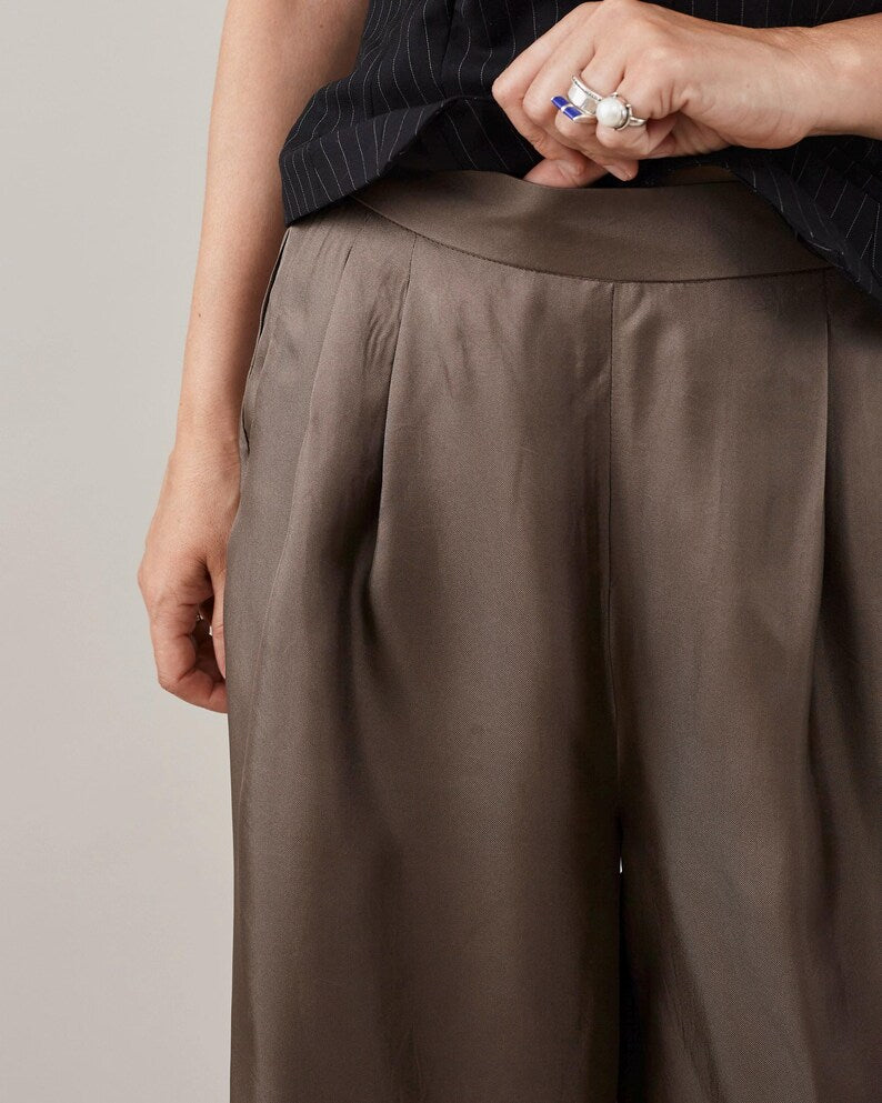 Silk Palazzo Pants Women | Custom High Waist Pants in 100% Silk Twill | Taupe Wide Leg Trousers for Wedding or Office