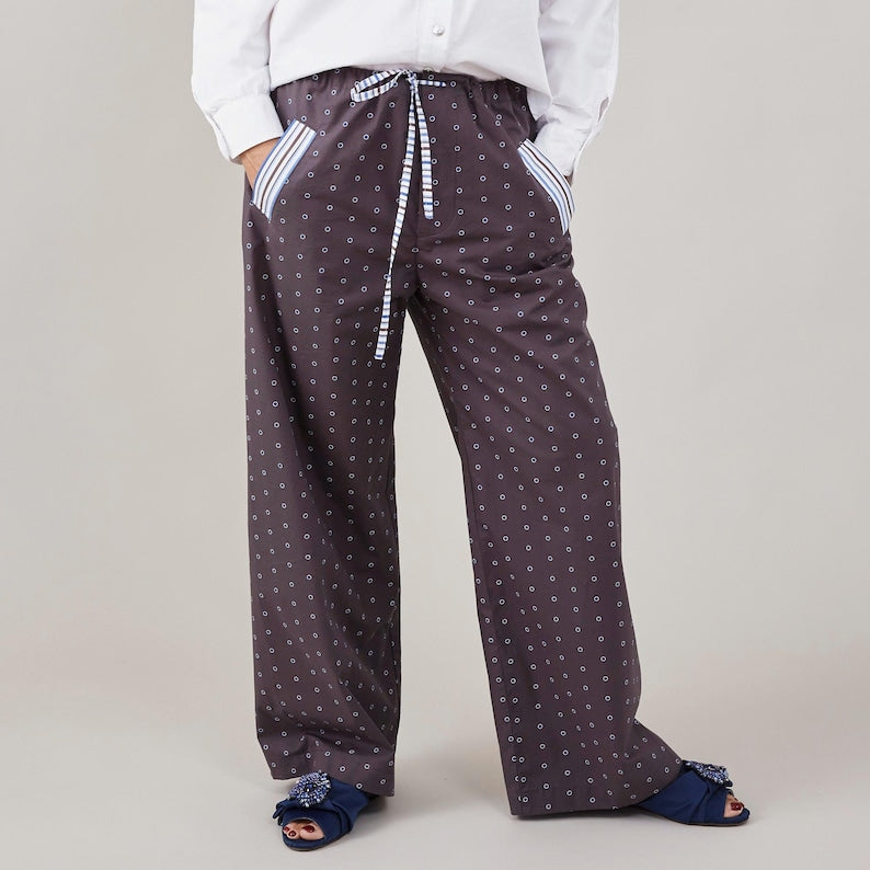 Handmade Poplin Cotton Pants for Summer - Polka Dots PJ Style Pants with Drawstring Waist and Pockets - Chic Easy Wear for Women