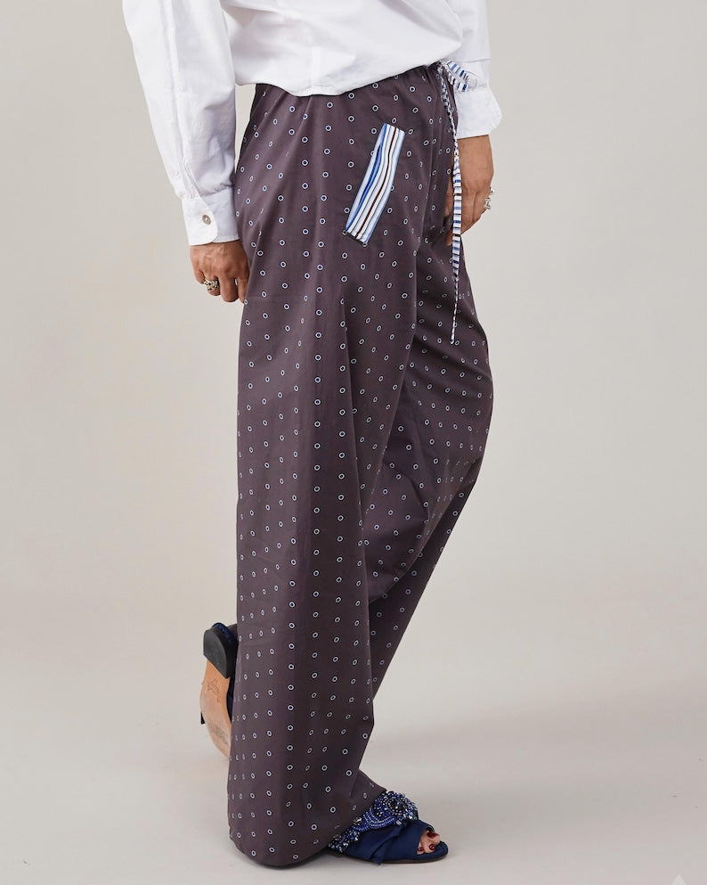 Handmade Poplin Cotton Pants for Summer - Polka Dots PJ Style Pants with Drawstring Waist and Pockets - Chic Easy Wear for Women