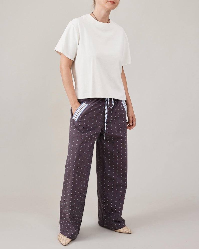 Handmade Poplin Cotton Pants for Summer - Polka Dots PJ Style Pants with Drawstring Waist and Pockets - Chic Easy Wear for Women