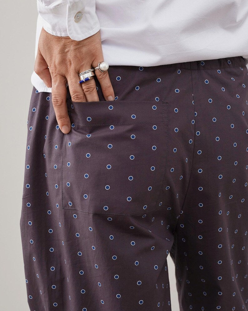 Handmade Poplin Cotton Pants for Summer - Polka Dots PJ Style Pants with Drawstring Waist and Pockets - Chic Easy Wear for Women
