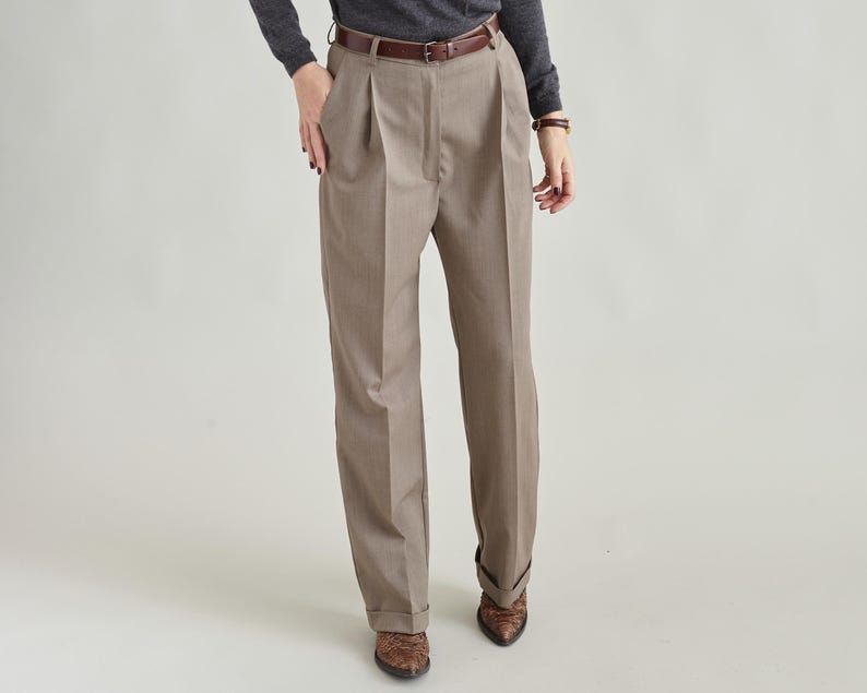 Hanmdade Women's Beige Wool Pants for Fall, Spring, Pleated Straight Cut with Ironed Crease and Cuffed Hem, Classic Style, Business Trousers