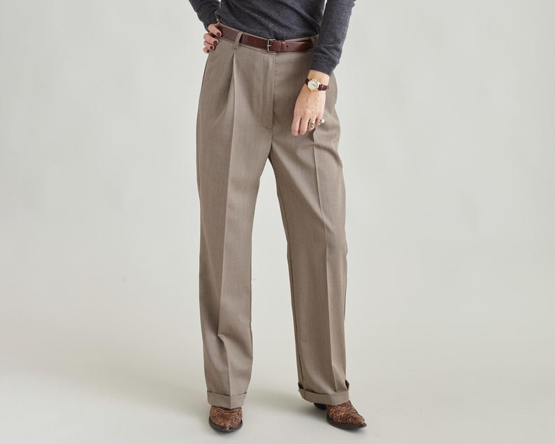 Hanmdade Women's Beige Wool Pants for Fall, Spring, Pleated Straight Cut with Ironed Crease and Cuffed Hem, Classic Style, Business Trousers