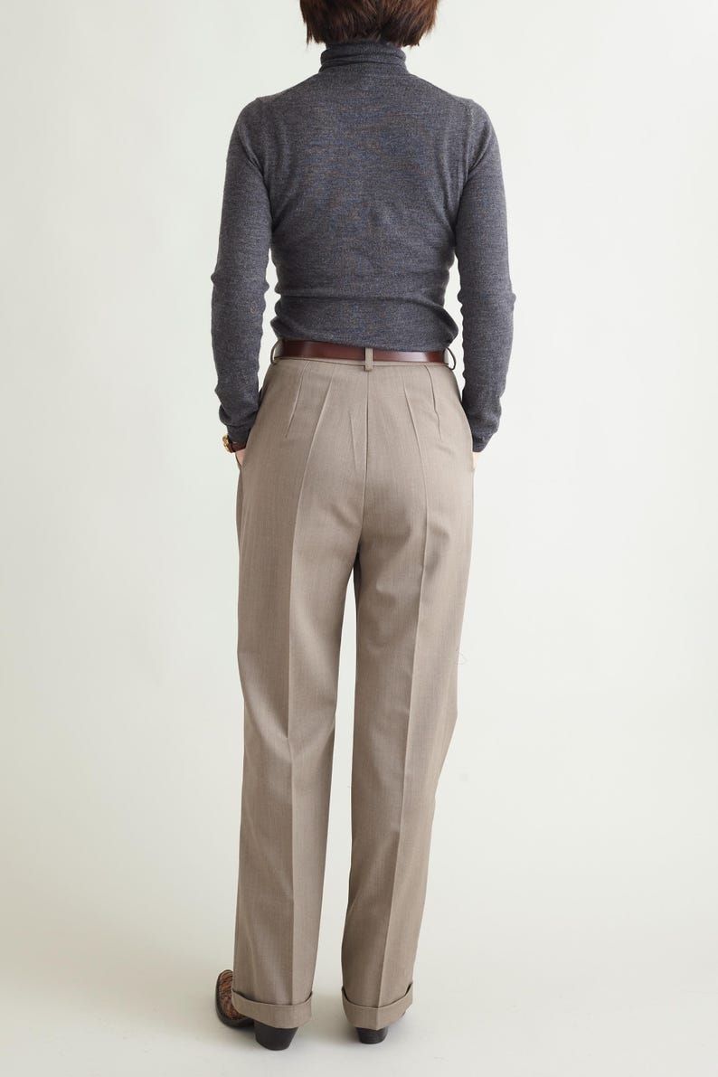 Hanmdade Women's Beige Wool Pants for Fall, Spring, Pleated Straight Cut with Ironed Crease and Cuffed Hem, Classic Style, Business Trousers