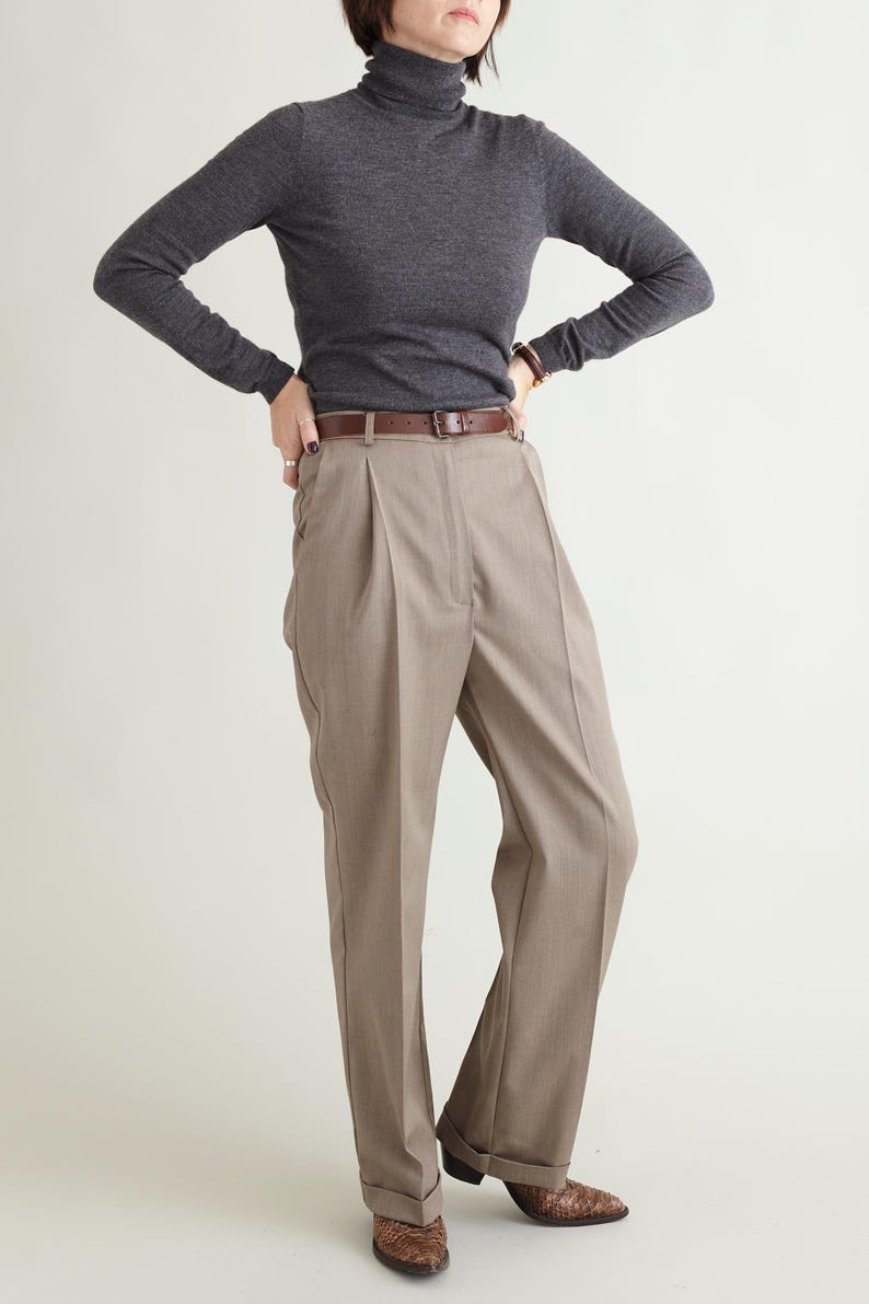 Hanmdade Women's Beige Wool Pants for Fall, Spring, Pleated Straight Cut with Ironed Crease and Cuffed Hem, Classic Style, Business Trousers