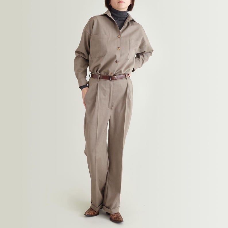 Hanmdade Women's Beige Wool Pants for Fall, Spring, Pleated Straight Cut with Ironed Crease and Cuffed Hem, Classic Style, Business Trousers