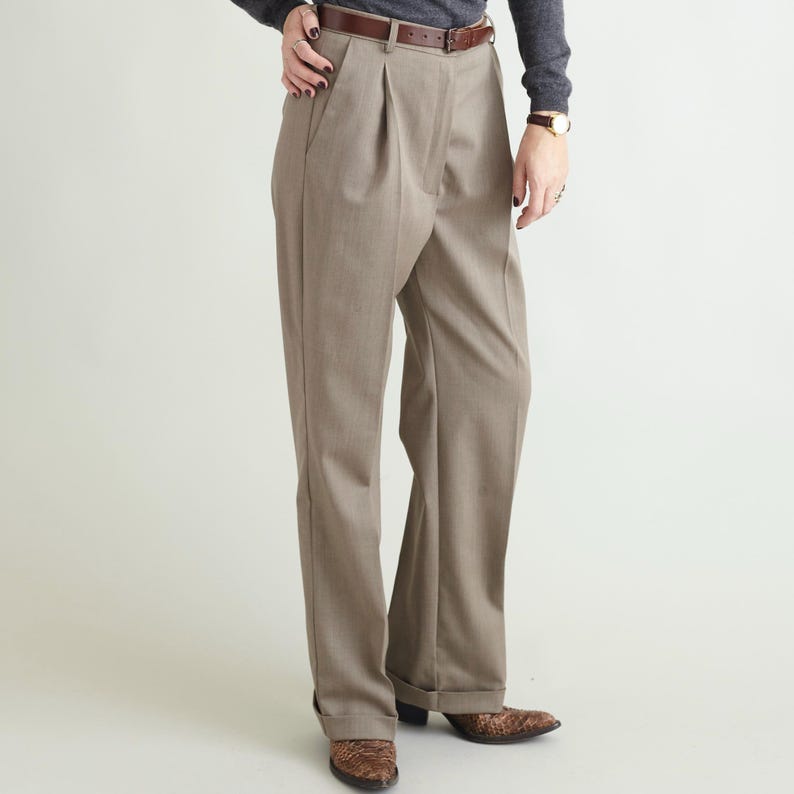 Hanmdade Women's Beige Wool Pants for Fall, Spring, Pleated Straight Cut with Ironed Crease and Cuffed Hem, Classic Style, Business Trousers
