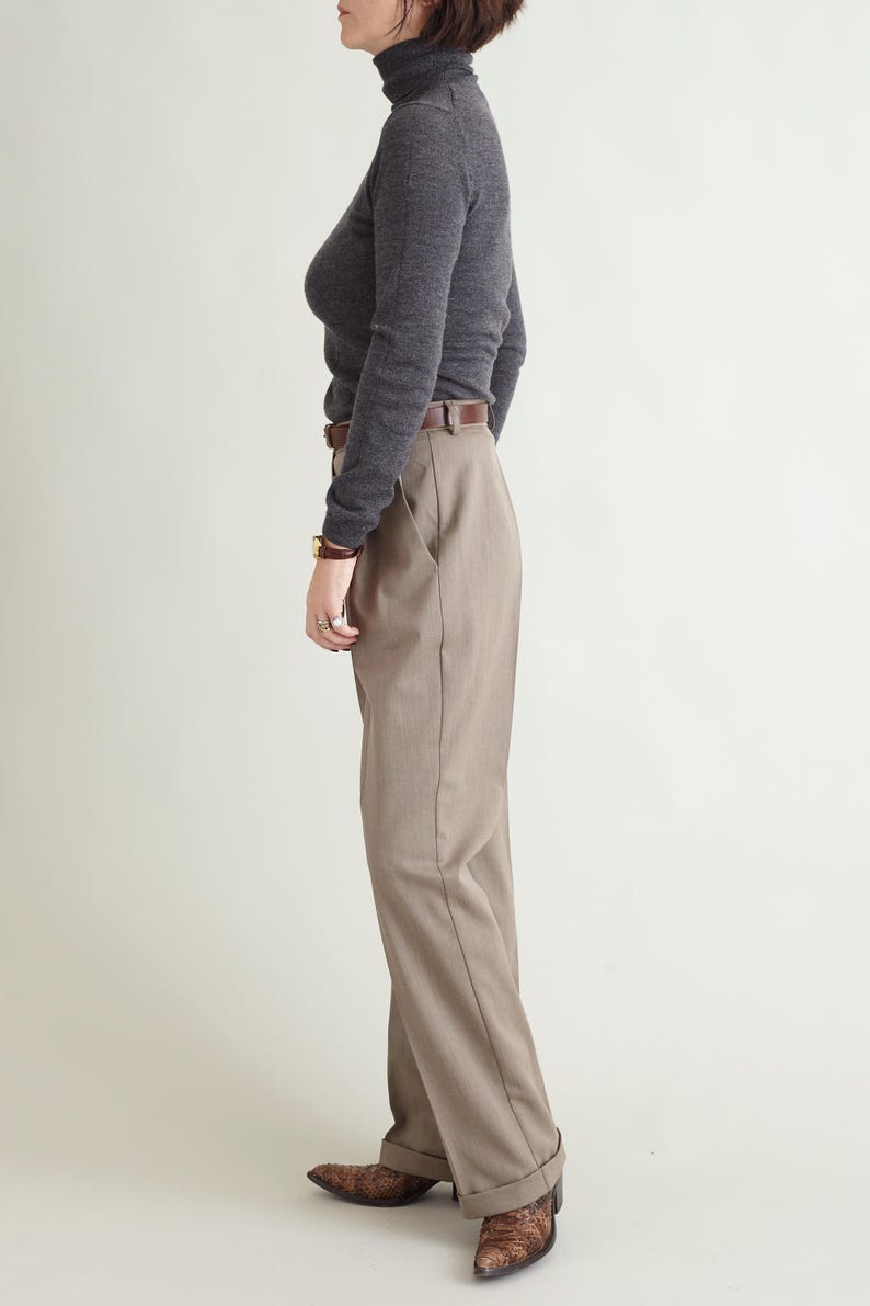 Hanmdade Women's Beige Wool Pants for Fall, Spring, Pleated Straight Cut with Ironed Crease and Cuffed Hem, Classic Style, Business Trousers