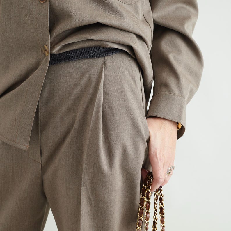 Hanmdade Women's Beige Wool Pants for Fall, Spring, Pleated Straight Cut with Ironed Crease and Cuffed Hem, Classic Style, Business Trousers