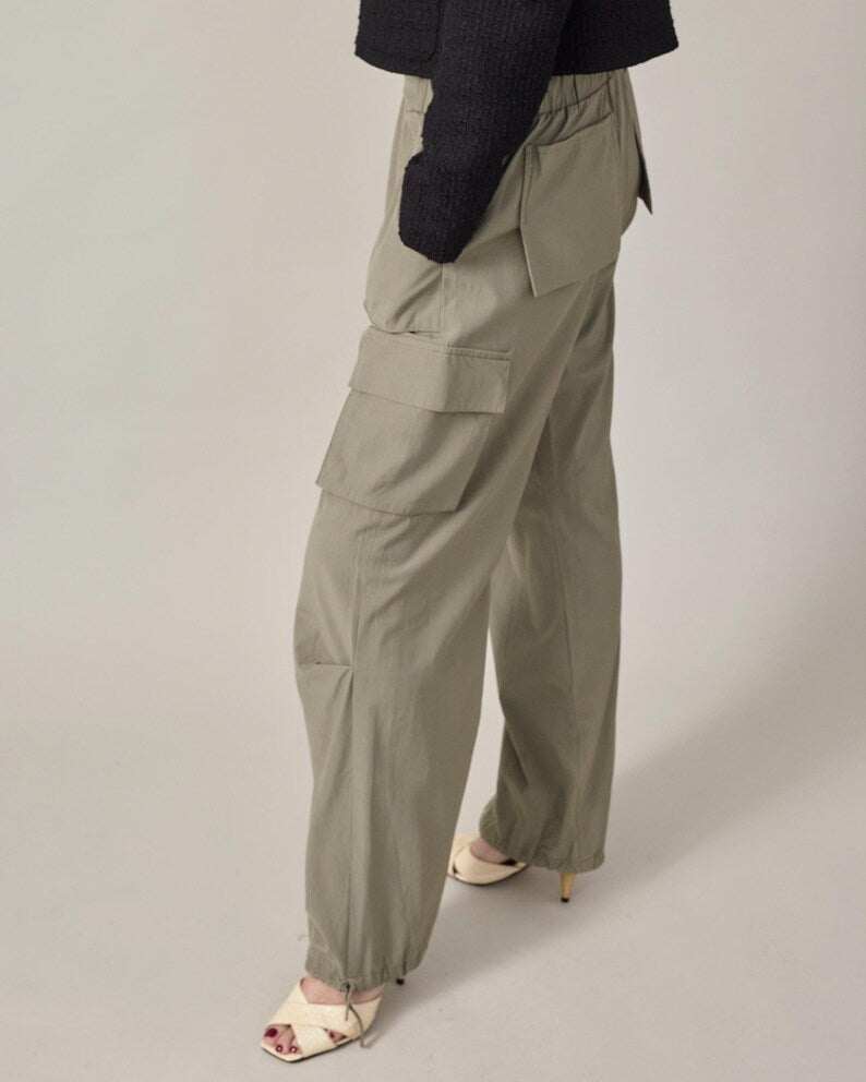 Chic Cargo Pants in Khaki Lightweight Wool, Elastic Waist, Modern Baggy Pants with Drawstring Toggle Hem, More Color Option