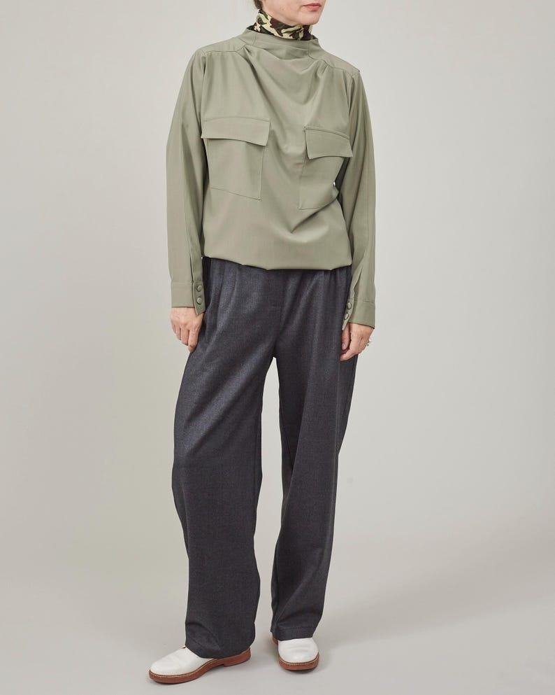 Handmade Grey, Black Wool Pants for Women, Elegant Warm Tailored Trousers, Pleated High Waist, Tapered Design with Roomy Crotch, Fully Lined
