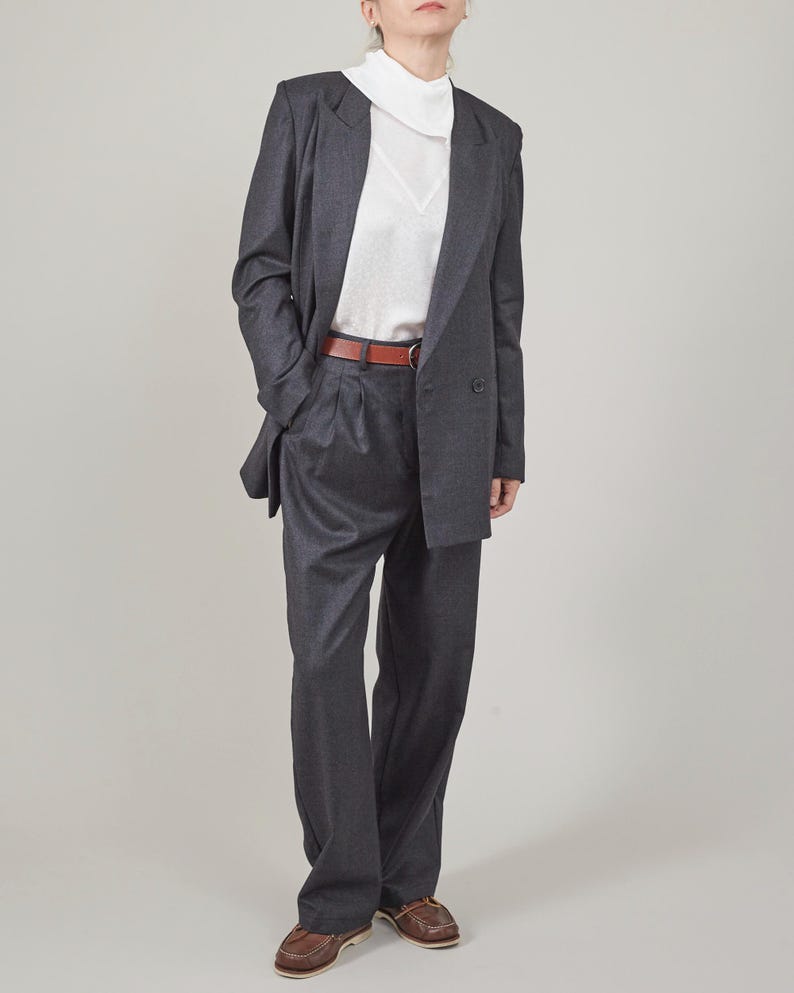 Handmade Grey, Black Wool Pants for Women, Elegant Warm Tailored Trousers, Pleated High Waist, Tapered Design with Roomy Crotch, Fully Lined