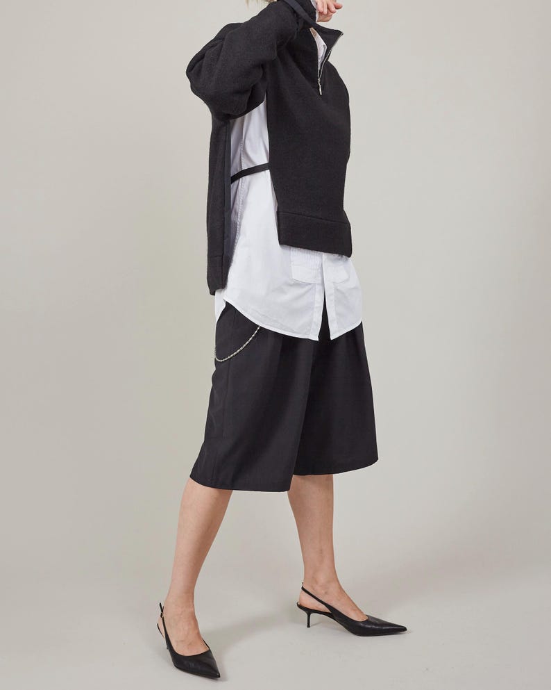 Black Wool Jacket for Women - Fall and Spring Outerwear, Pullover Coat Deconstructed Cape Design with High Collar in Boiled Wool or Cashmere