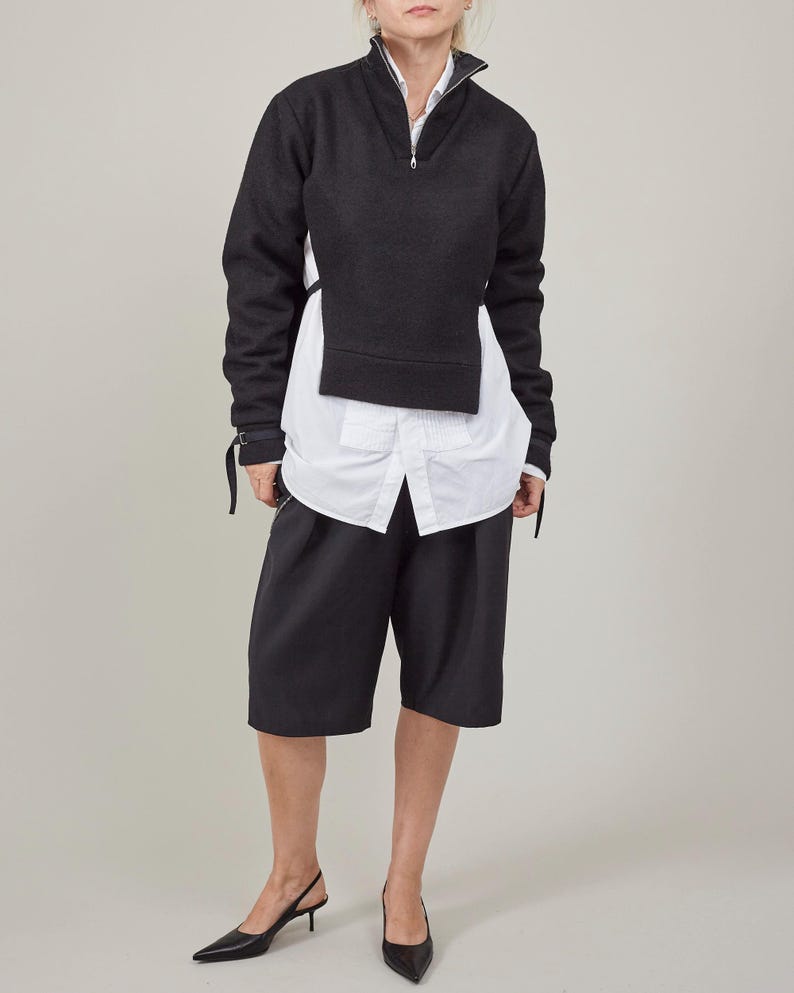 Black Wool Jacket for Women - Fall and Spring Outerwear, Pullover Coat Deconstructed Cape Design with High Collar in Boiled Wool or Cashmere