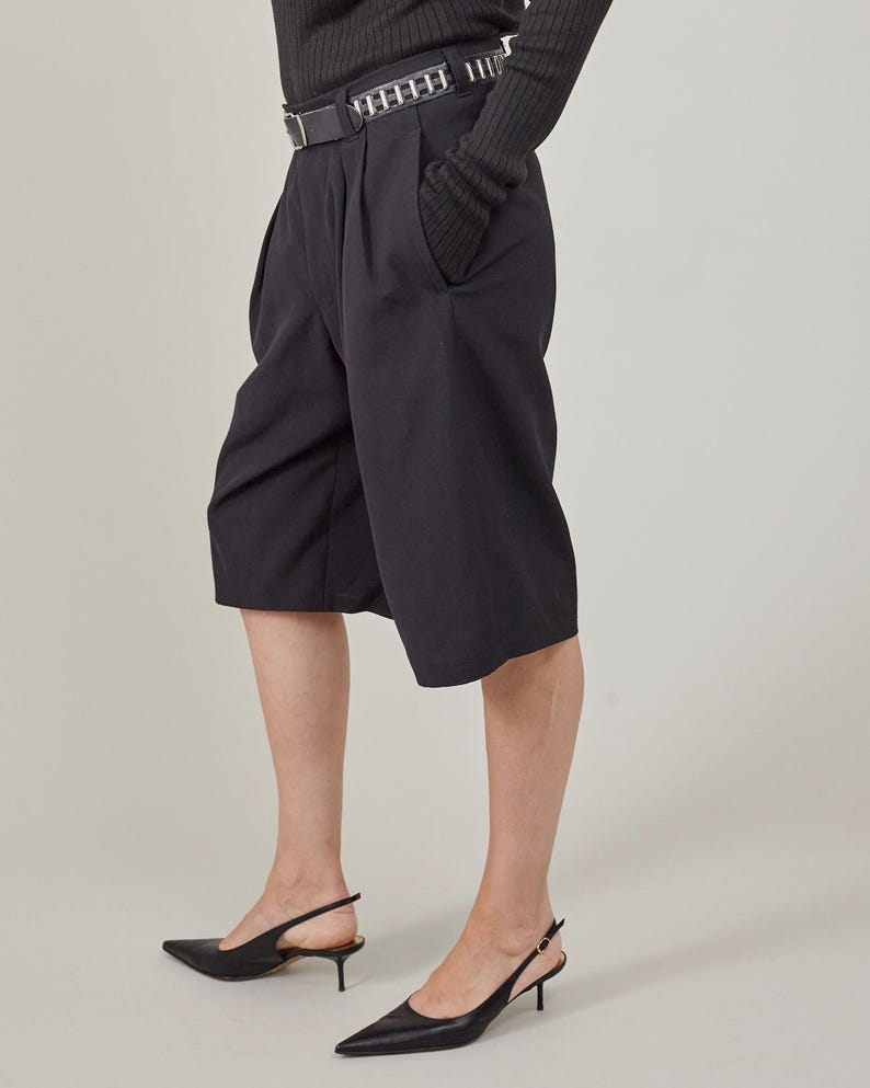 Handmade Black 100% Wool Bermuda Pants for Women, Mid Rise, Pleated Loose Short Pants for Fall, Winter, Spring, Baggy Tailored Shorts