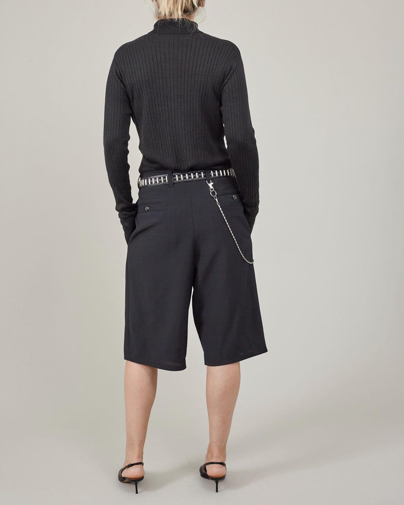 Handmade Black 100% Wool Bermuda Pants for Women, Mid Rise, Pleated Loose Short Pants for Fall, Winter, Spring, Baggy Tailored Shorts