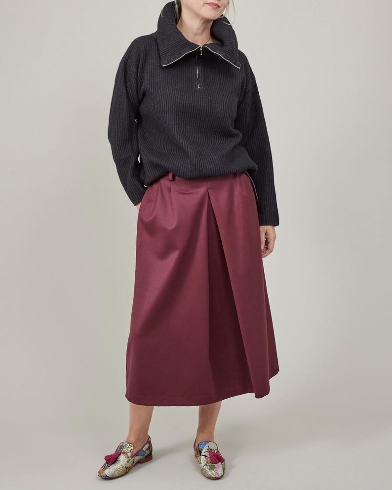 Handmade Burgundy Wool Midi Skirt, Pleated A-line Design, Ample Full Skirt, Perfect for Fall, Winter, and Spring Workwear or Casual Looks