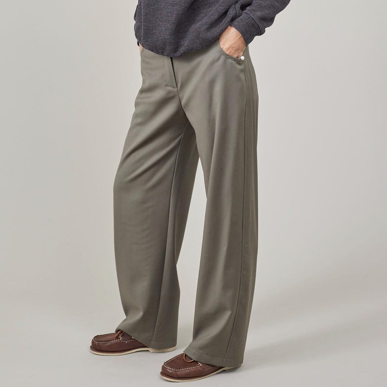 Khaki Wool Pants for Women | Straight-Leg Tailored Trousers with Relaxed Fit, Best for Spring and Fall Casual Looks