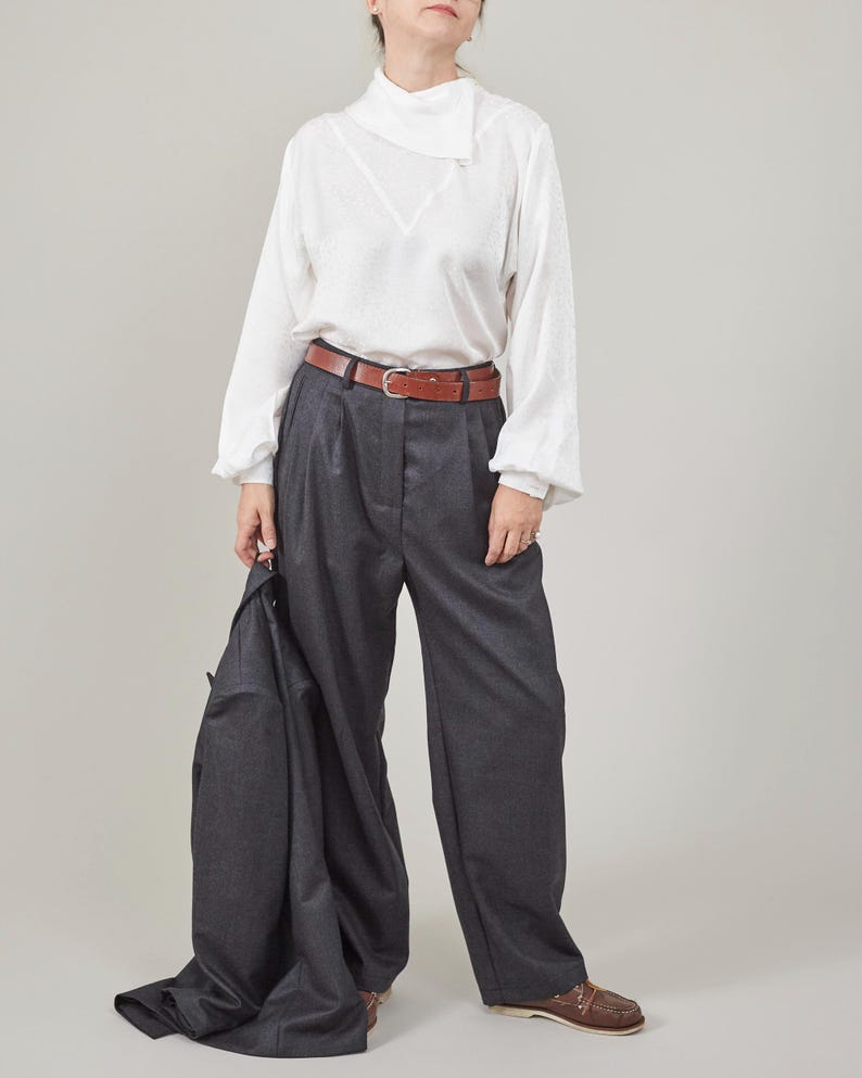 Handmade Grey, Black Wool Pants for Women, Elegant Warm Tailored Trousers, Pleated High Waist, Tapered Design with Roomy Crotch, Fully Lined