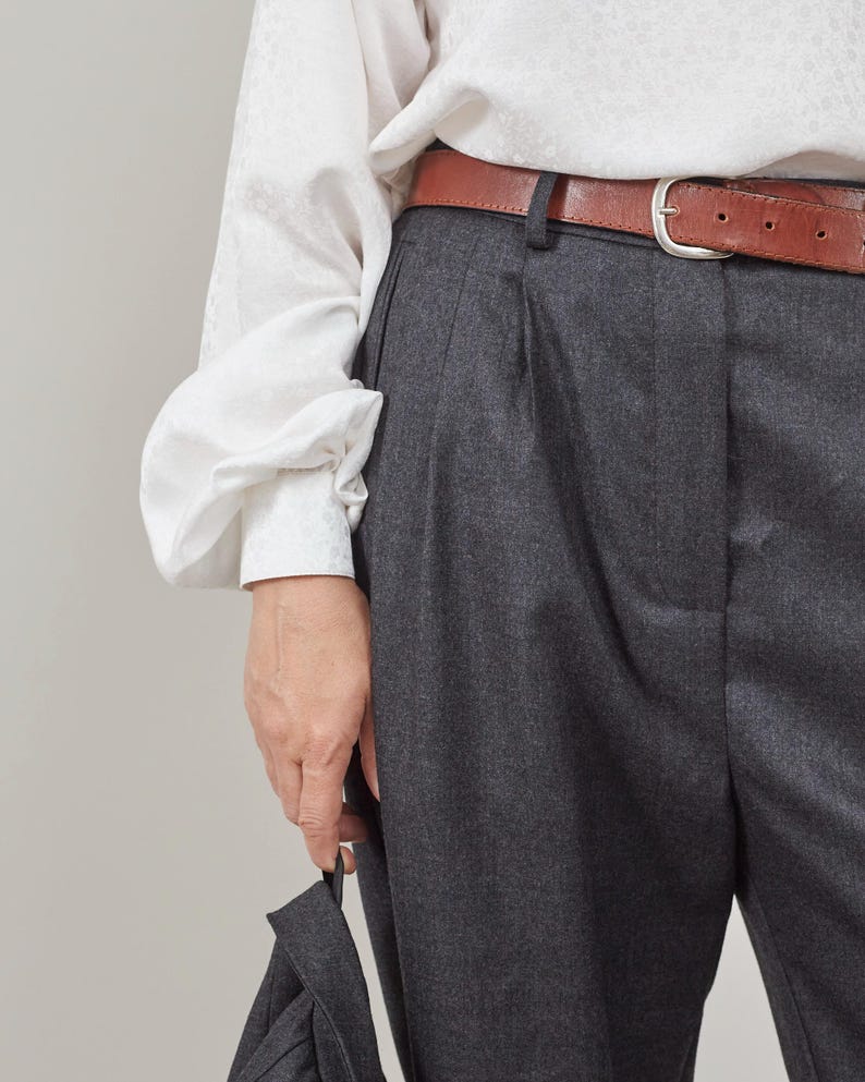 Handmade Grey, Black Wool Pants for Women, Elegant Warm Tailored Trousers, Pleated High Waist, Tapered Design with Roomy Crotch, Fully Lined