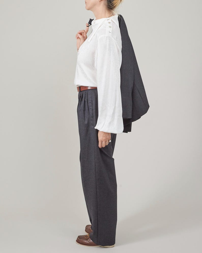Handmade Grey, Black Wool Pants for Women, Elegant Warm Tailored Trousers, Pleated High Waist, Tapered Design with Roomy Crotch, Fully Lined