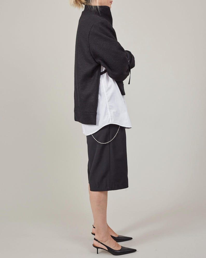 Black Wool Jacket for Women - Fall and Spring Outerwear, Pullover Coat Deconstructed Cape Design with High Collar in Boiled Wool or Cashmere