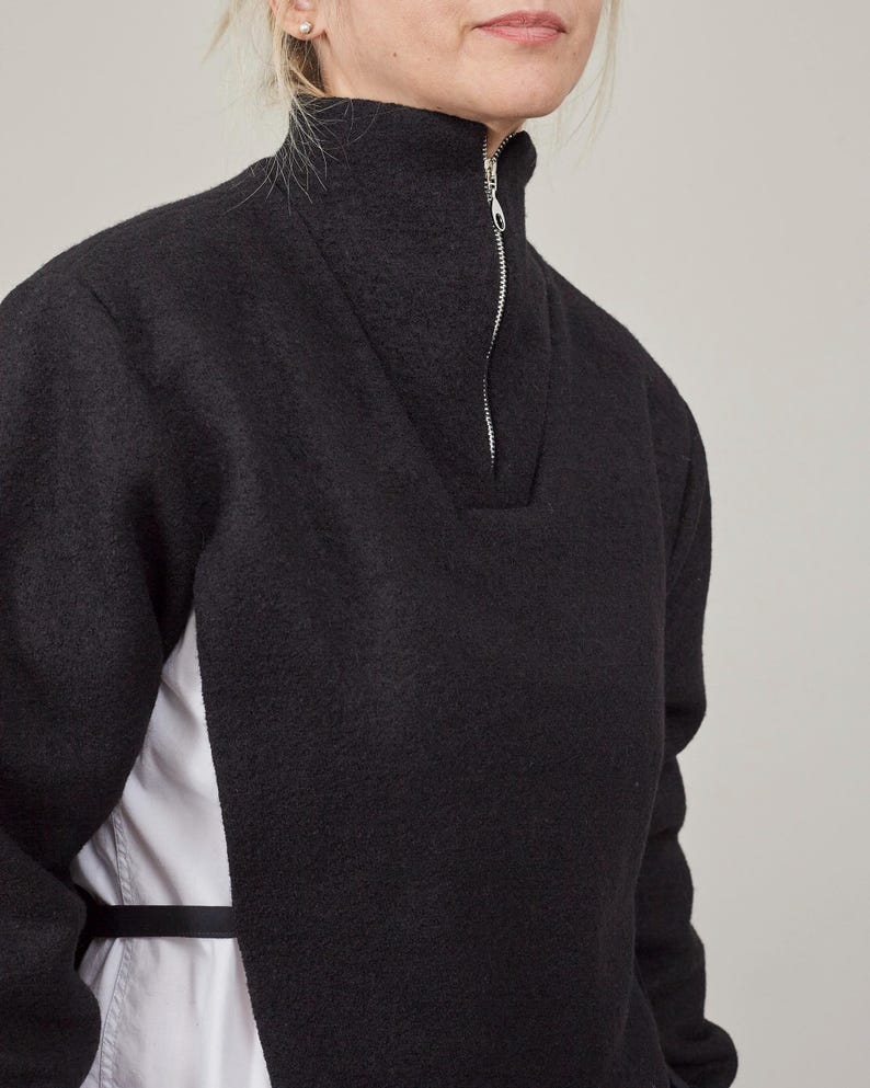 Black Wool Jacket for Women - Fall and Spring Outerwear, Pullover Coat Deconstructed Cape Design with High Collar in Boiled Wool or Cashmere