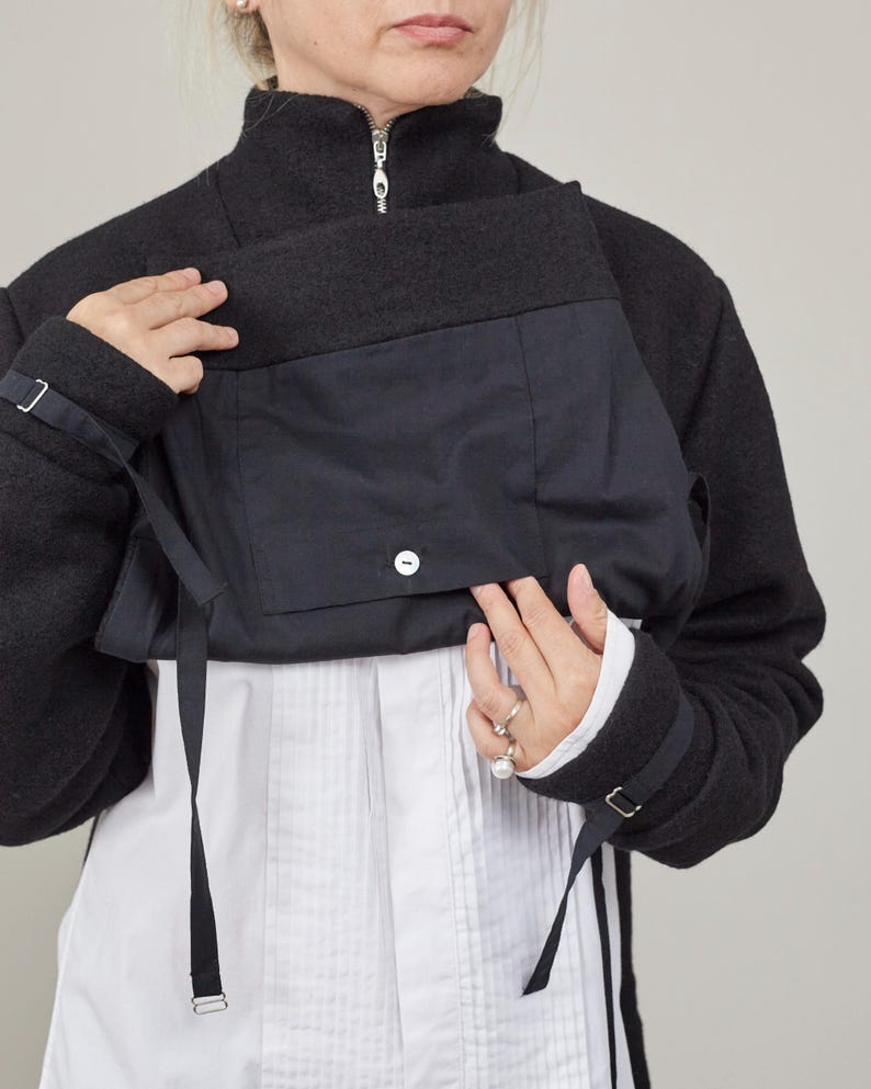 Black Wool Jacket for Women - Fall and Spring Outerwear, Pullover Coat Deconstructed Cape Design with High Collar in Boiled Wool or Cashmere