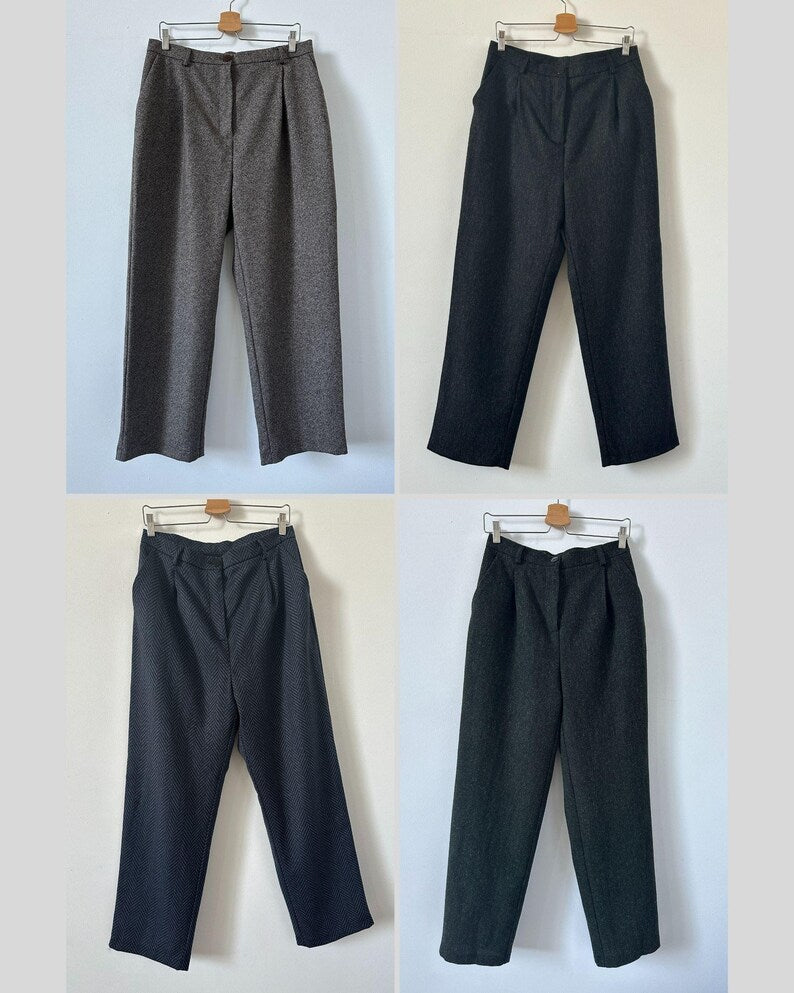 100% Wool Pants for Winter Preppy Outfits, Pleated High Waist Business Trousers, Tapered Crop Cut, Relaxed Fit, Earthy Hues, Chic Patterns