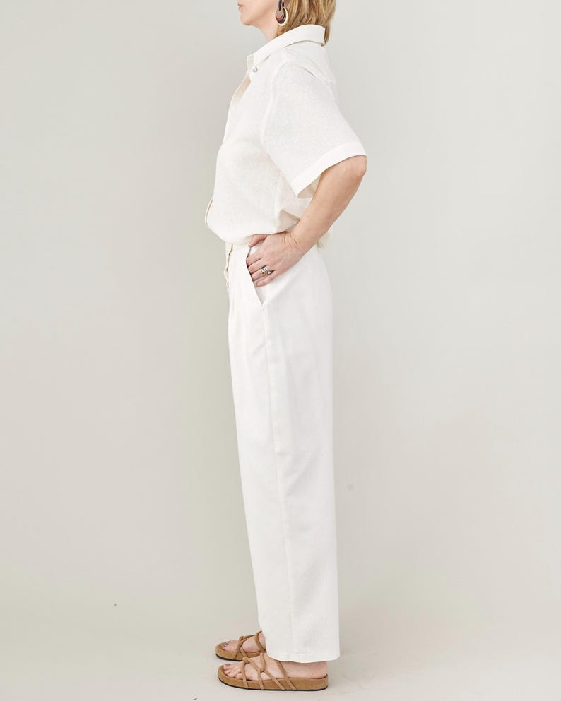 Handmade 100% Silk Summer Pants, Asymmetric Wrap Design with High Waist, Pleats, and Tapered Ankle, White Casual Modern Trousers for Women