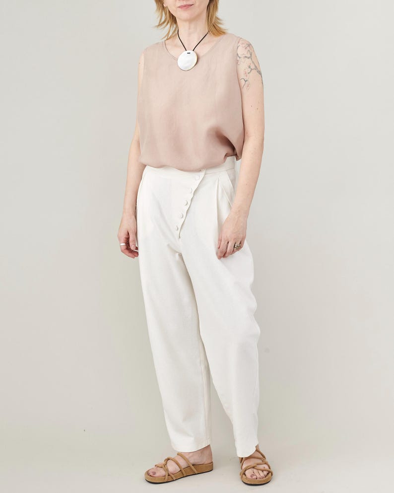 Handmade 100% Silk Summer Pants, Asymmetric Wrap Design with High Waist, Pleats, and Tapered Ankle, White Casual Modern Trousers for Women