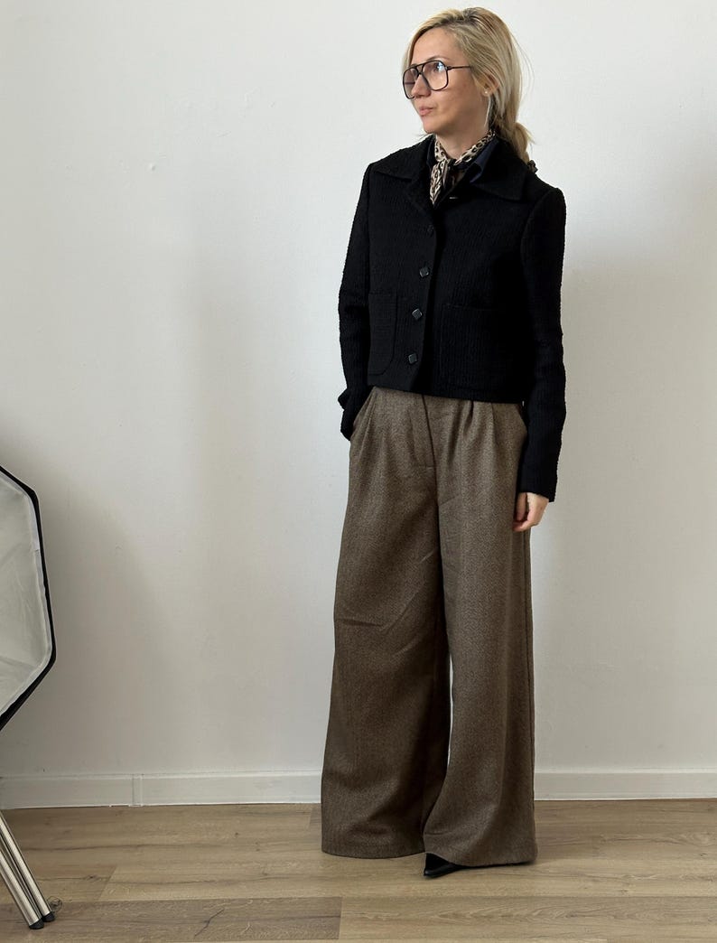 Wide-Leg Wool Pants for Women – High-Waist Pleated Tailored Trousers, Classic Elegant Palazzo in 100% Wool Tweed (Brown, Black, Grey)