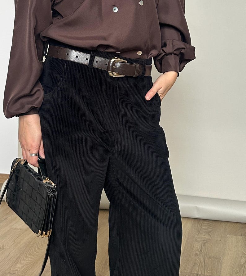 Black Corduroy Pants for Women – 100% Cotton, Loose Boot Cut, Slouchy Chic Fit, Versatile Casual Trousers for Fall to Spring in Custom Sizes
