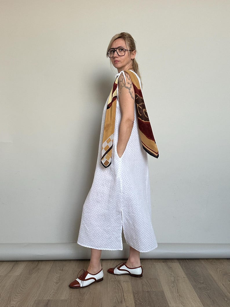 Linen Dress for Women, White Polka Dot Maxi Dress with Shoulder Ribbons, Versatile A-Line Shift Dress, Sleeveless Design