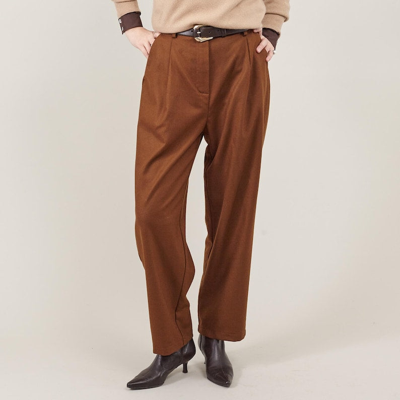 100% Wool Pants for Winter Preppy Outfits, Pleated High Waist Business Trousers, Tapered Crop Cut, Relaxed Fit, Earthy Hues, Chic Patterns