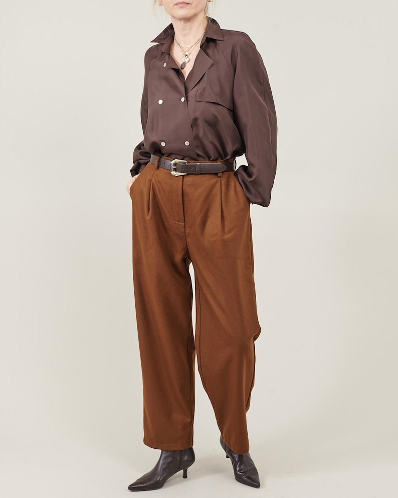 100% Wool Pants for Winter Preppy Outfits, Pleated High Waist Business Trousers, Tapered Crop Cut, Relaxed Fit, Earthy Hues, Chic Patterns