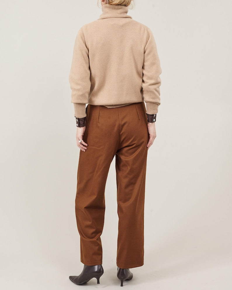 100% Wool Pants for Winter Preppy Outfits, Pleated High Waist Business Trousers, Tapered Crop Cut, Relaxed Fit, Earthy Hues, Chic Patterns