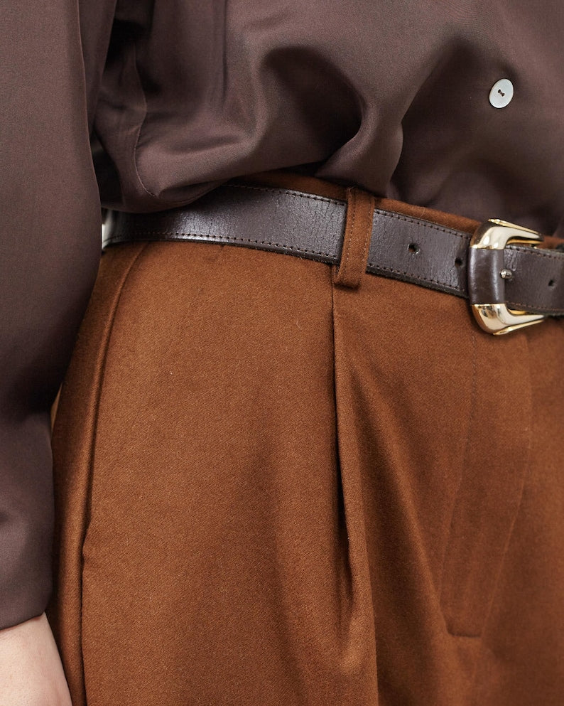 100% Wool Pants for Winter Preppy Outfits, Pleated High Waist Business Trousers, Tapered Crop Cut, Relaxed Fit, Earthy Hues, Chic Patterns