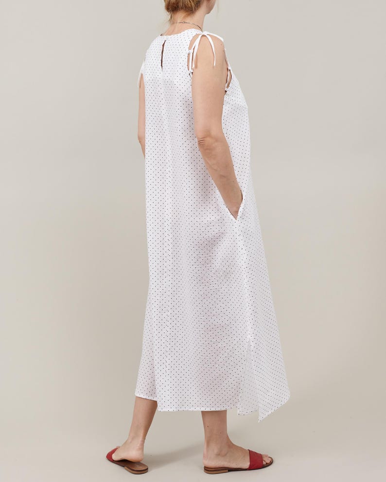 Linen Dress for Women, White Polka Dot Maxi Dress with Shoulder Ribbons, Versatile A-Line Shift Dress, Sleeveless Design