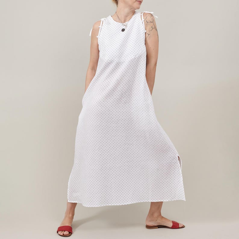Linen Dress for Women, White Polka Dot Maxi Dress with Shoulder Ribbons, Versatile A-Line Shift Dress, Sleeveless Design